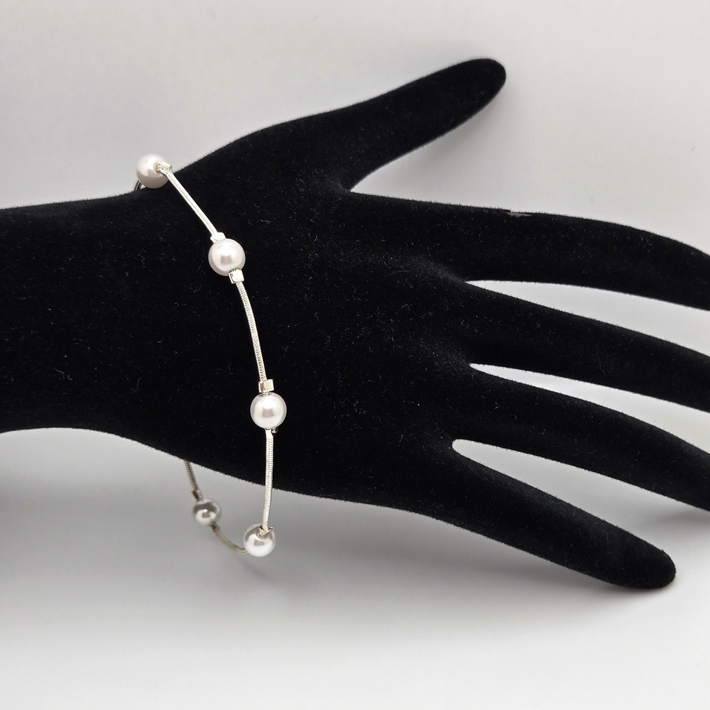 Silvertone Bracelet Faux Pearl Adjustable Classic Dainty Minimalist Capsule Twee